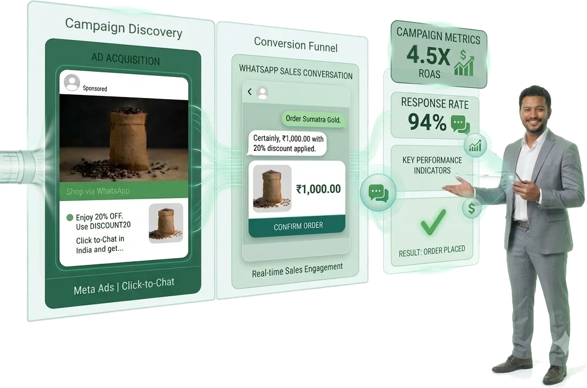 A click-to-WhatsApp ad for coffee leads to a WhatsApp sales chat with a 20% discount and a Confirm Order button — 4.5x ROAS, 94% response rate, order placed